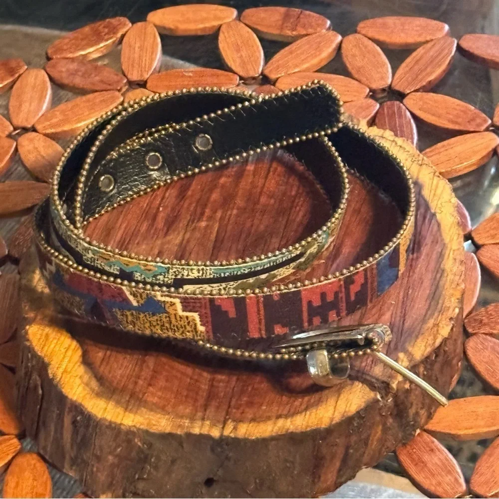 Aztec Multicolor Patterned Women's Belt Silver Buckle Trim 41